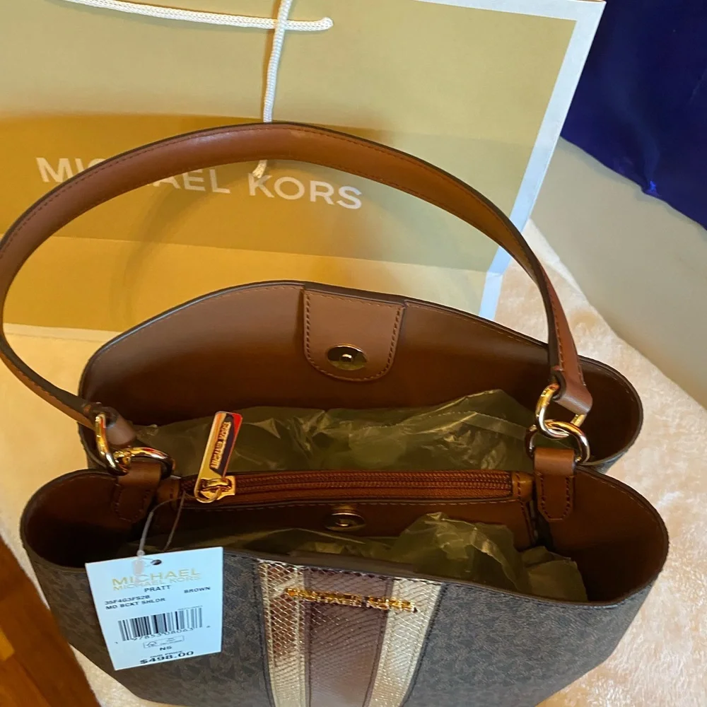 Michael Kors Pratt Medium Signature Logo and Metallic Should…